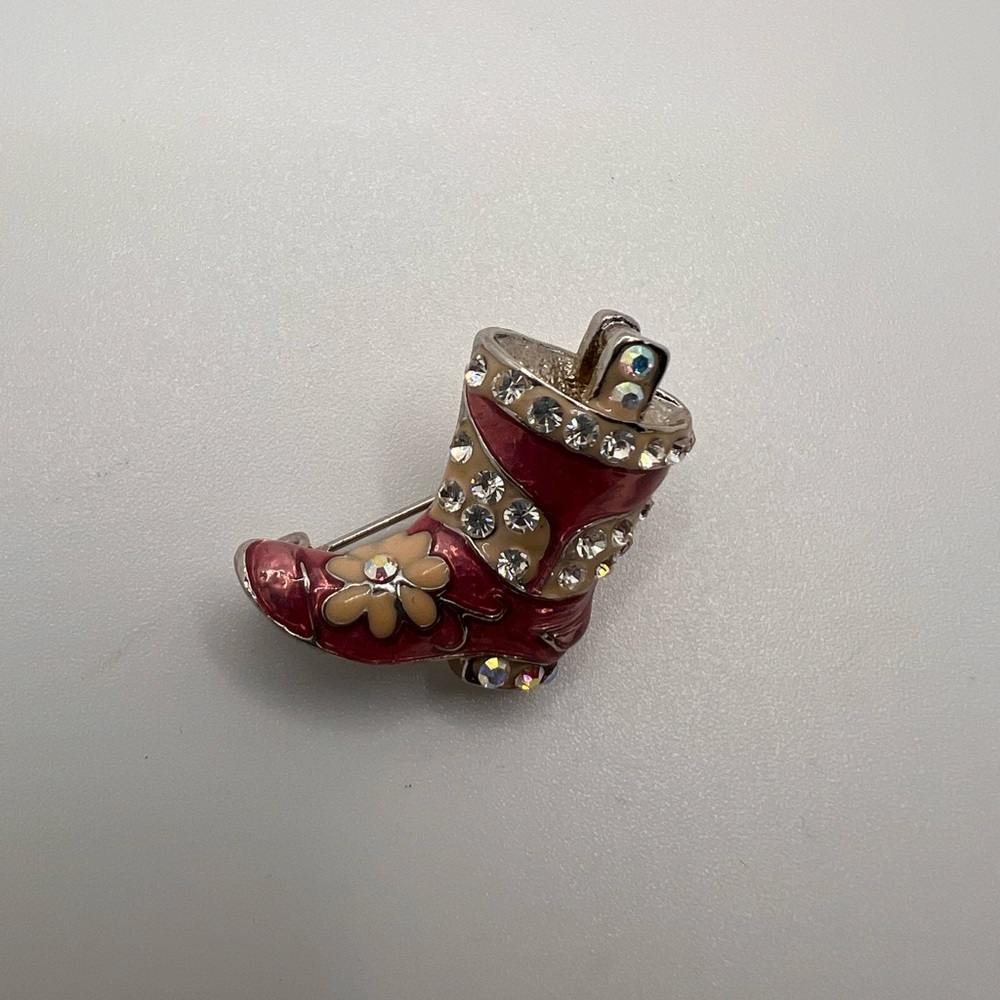 Vintage Pink Rhinestone Cowboy Boot Brooch Pendant